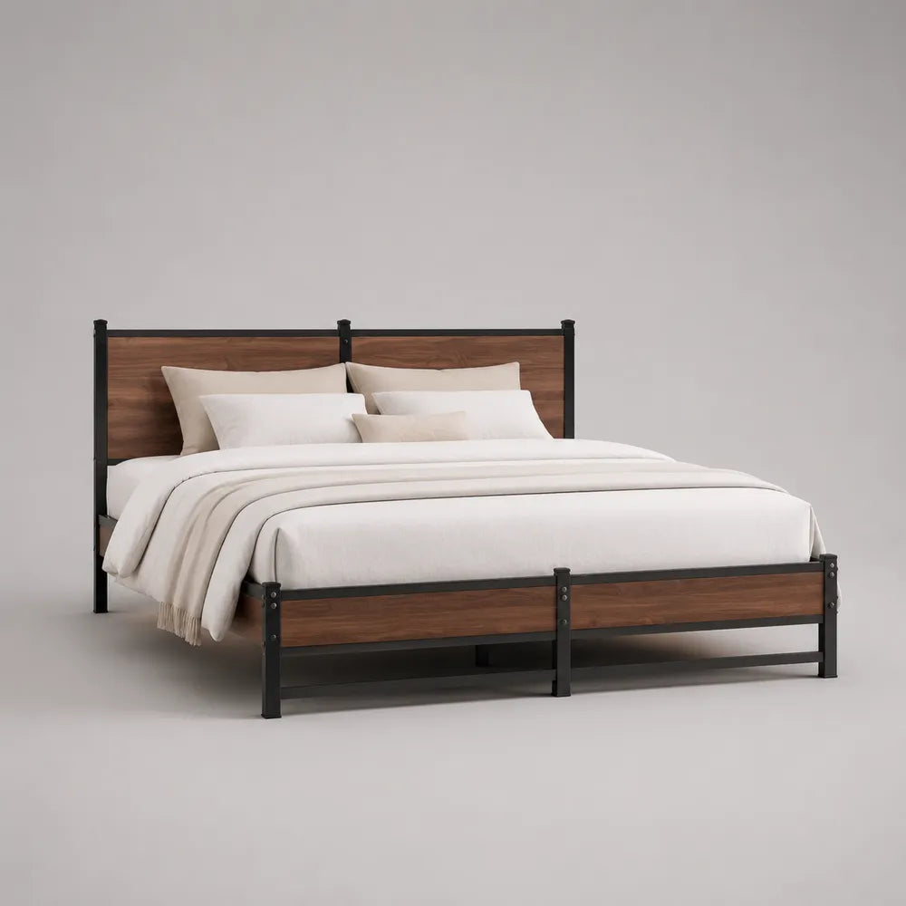 Lit double 160 x 200 cm acier noir avec panneaux MDF effet bois marron tête de lit et pied de lit