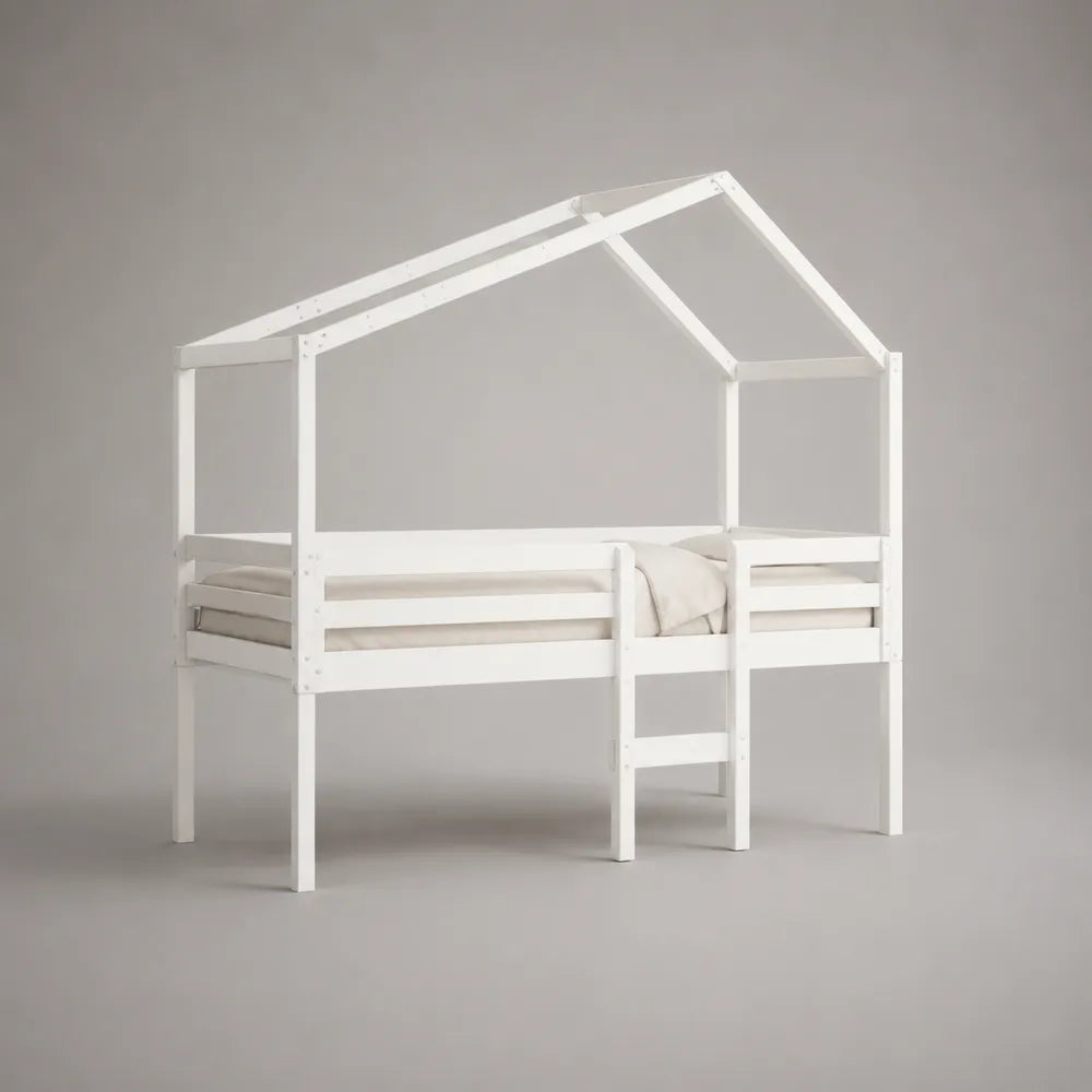 Lit cabane mezzanine simple en pin massif blanc avec toit en forme de maison 90 x 200 cm