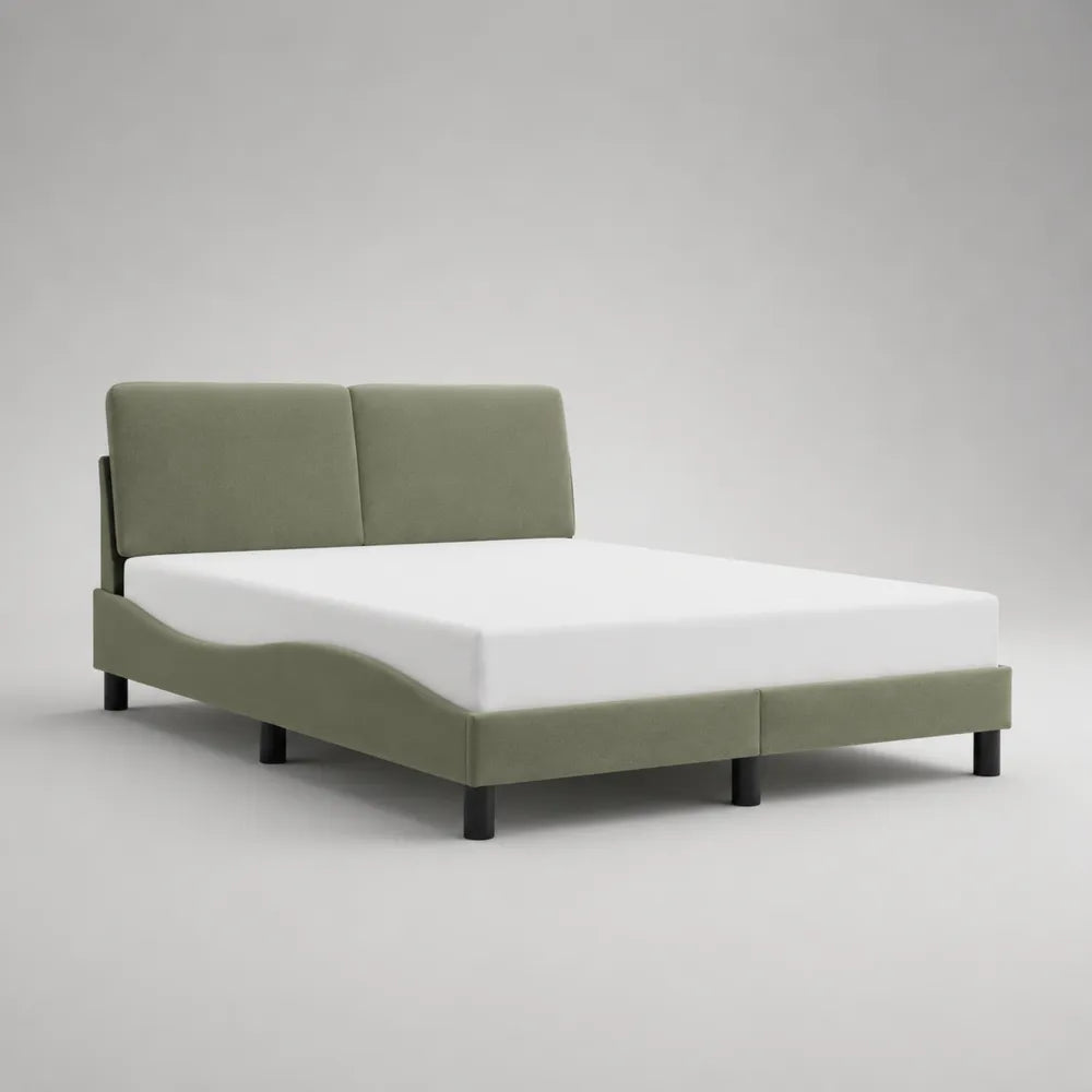 Lit double 160 x 200 cm tissu vert avec tête de lit rembourrée et pieds noirs