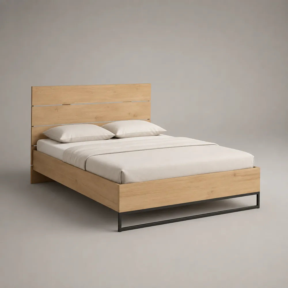 Lit double 160 x 200 cm avec cadre de lit en MDF effet chêne clair et structure noire en acier