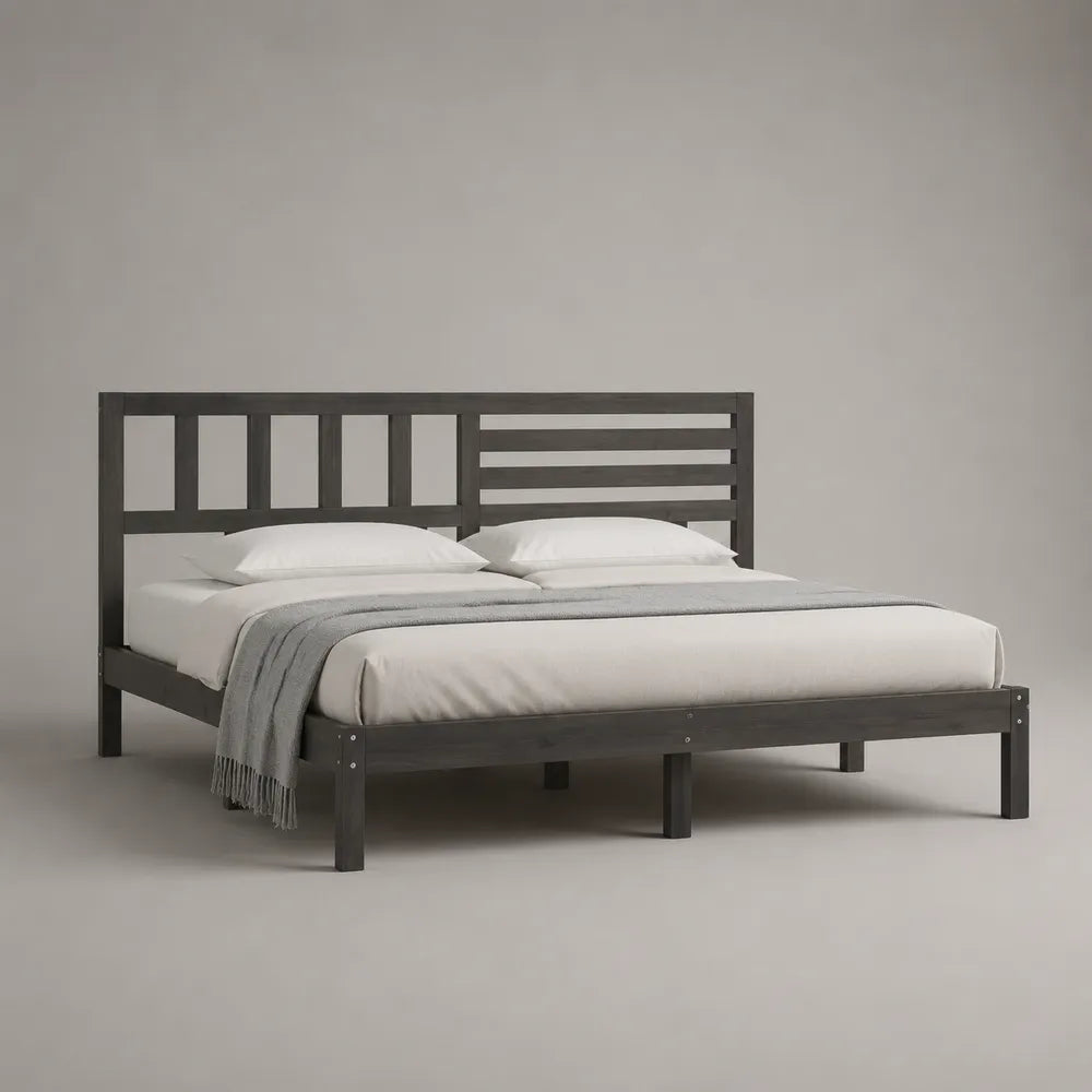 Lit double 160 x 200 cm MDF effet bois foncé et acier noir avec tête de lit ajourée