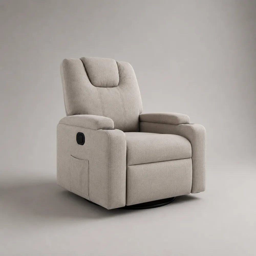 Fauteuil relax inclinable pivotant 85x90x105 cm en polyester beige avec repose-pieds intégré