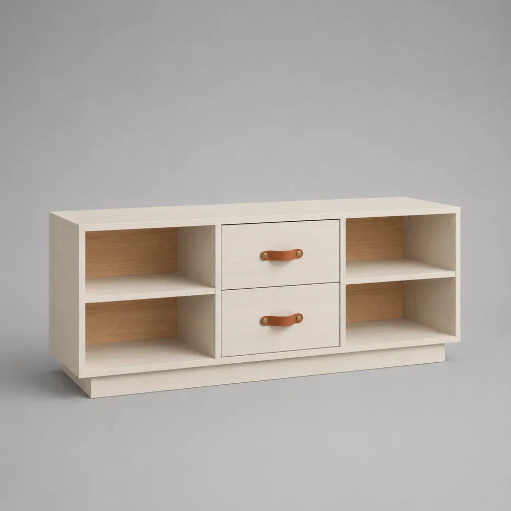 Meuble TV bas en MDF blanc avec deux tiroirs et quatre niches ouvertes finition chêne 180 x 40 x 50 cm
