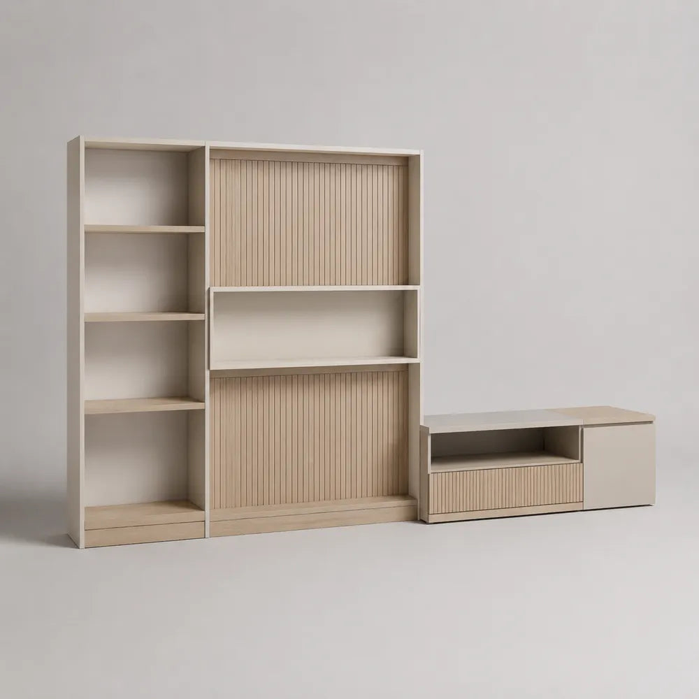 Ensemble meuble TV mural 300 x 40 x 220 cm en MDF beige avec étagères niches et rangements fermés