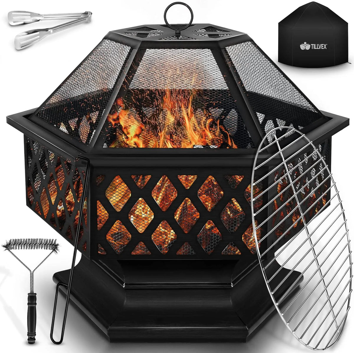 Barbecue, Terrasse, tillvex Brasero Extérieur BBQ, Foyer Poêle pour Jardin, Hexagonal, Chauffage avec Gril-Le à Charbon + Couvercle
