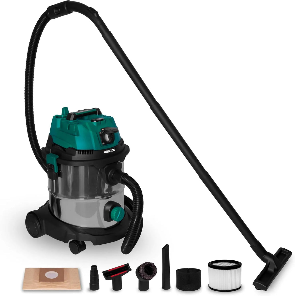 Aspirateur VONROC, Eau et Poussière 1400W, Fonction Soufflage & Prise Auto-Start 2000W, Cuve INOX 20L, Filtre HEPA & Éponge, Accessoires Inclus