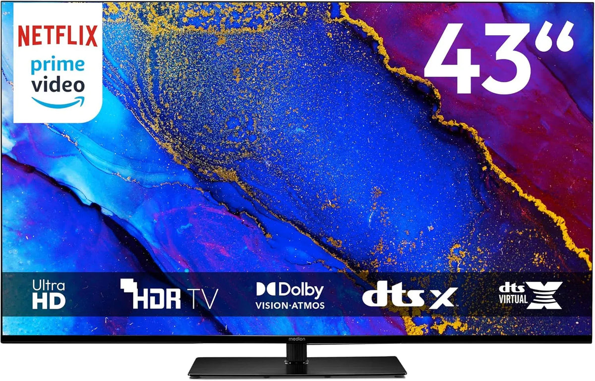 Smart TV 843400, MEDION TV 43 Pouces, largeur 108cm, 4K, Television, Dolby Vision HDR, Prime Video, Disney+, Dolby Atmos