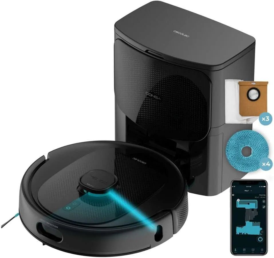 Cecotec aspirateur robot 9990, 10 000 Pa, Conga AI Spin Revolution Ultra Power Home, Autonomie de 240 Min, Navigation Laser, Base d'auto-vidage
