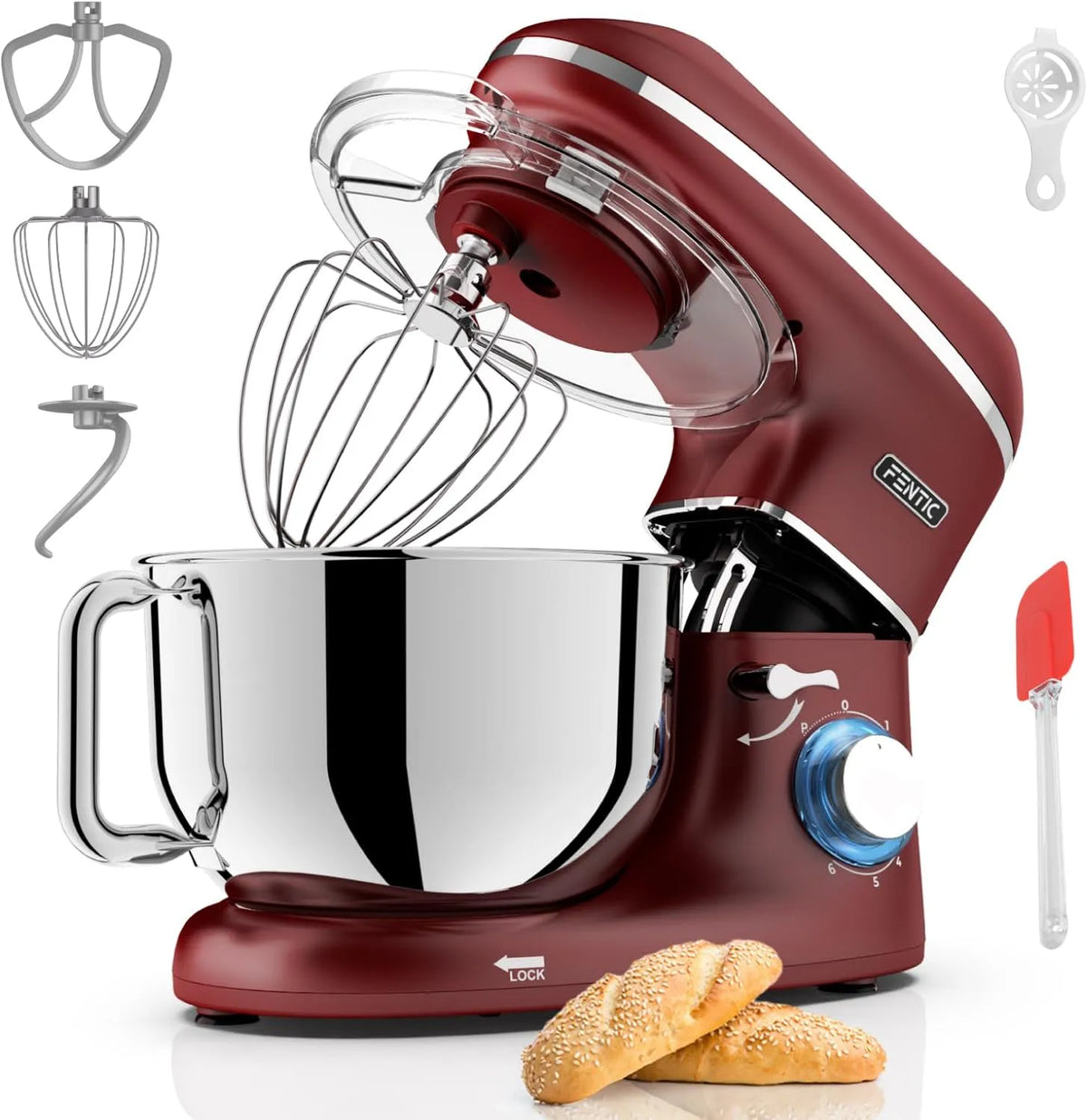 Robot pâtissier, puissance 2000W, capacité 6,2L, Bol mélangeur en acier inoxydable, Avec fouet, Crochet pétrisseur et Batteur plat, Rouge