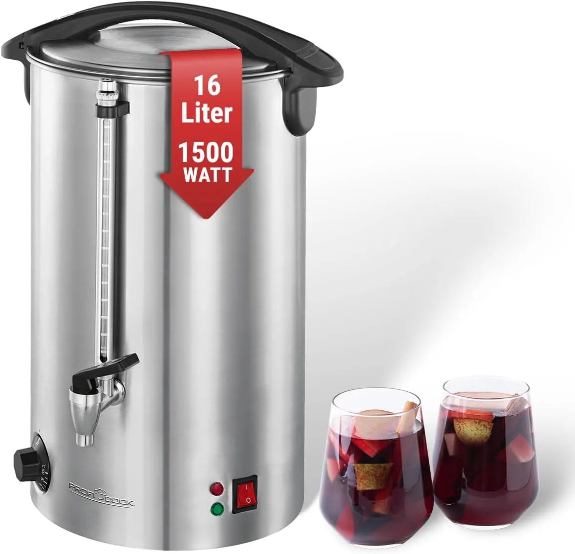 Modèle PC-HGA1111 PROFI COOK, 1500 Watts, ou vin chaud, Couleur finition argentée, Capacité 16 litres, Distributeur de boissons chaudes
