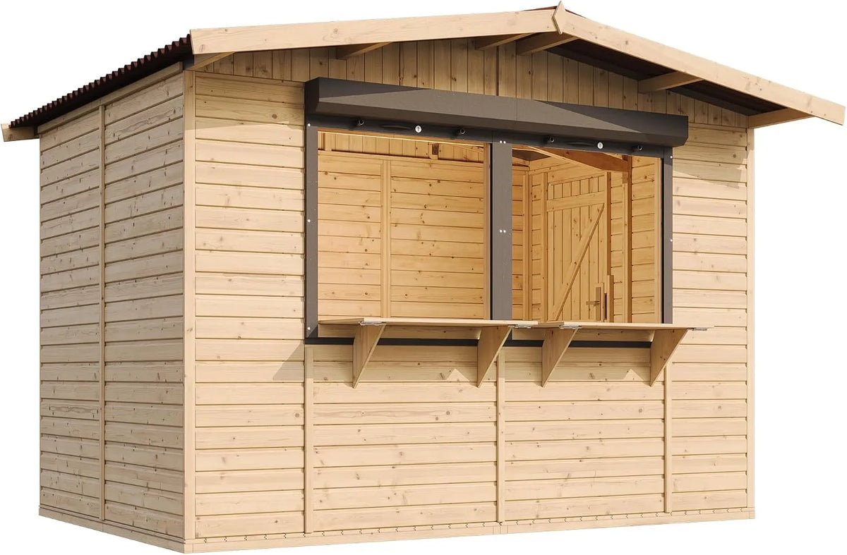 Abri de jardin M150Z, TIMBELA Maison de Jardin en Bois, Bar Jardin, Multifonctionnel, Grand Stand de Vendeur avec comptoir 263 x 336 cm