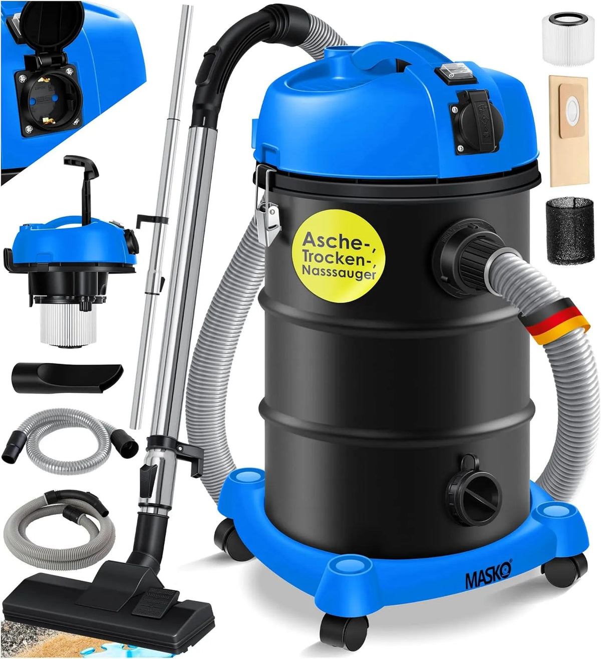 Aspirateur 6IN1 Masko, Bleu, Industriel Eau et poussière à Cendres 2 300 W + Prise électrique Fonction soufflage