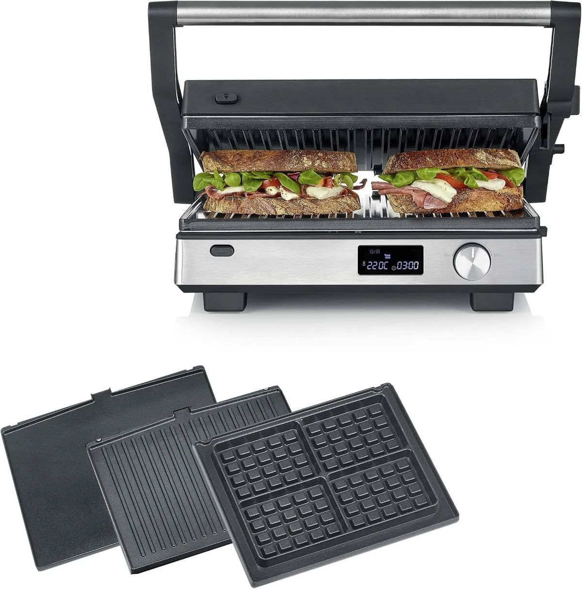 Severin gril KG 2380, SEVINI FLEX Multi viande 3 en 1, électrique multifonction pour légumes, 2 000 W, steaks et paninis, Appareil à gaufres, Inox