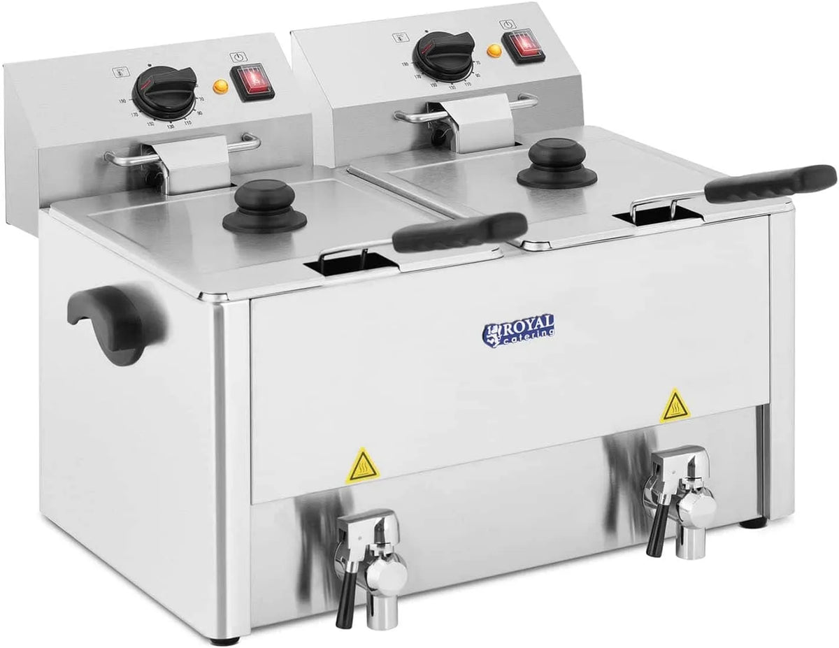 Friteuse Électrique De Restaurant Double Cuve Vidange Professionnelle RCEF 13D-EGO Royal Catering, 2 Thermostats EGO, 50-190 °C, Inox, 2 x 3 250 W