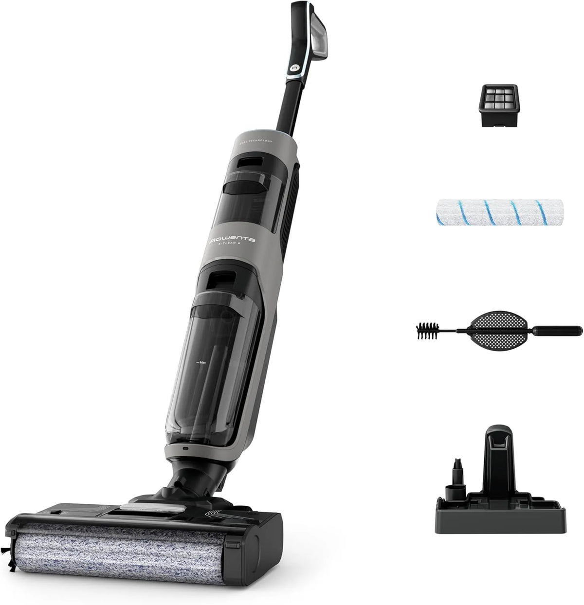 Rowenta aspirateur balai 50min GZ5036WO, Aspiration et Lavage Puissant, Autonomie, finition grise, X-Clean 4 Laveur sans Fil, Intelligent