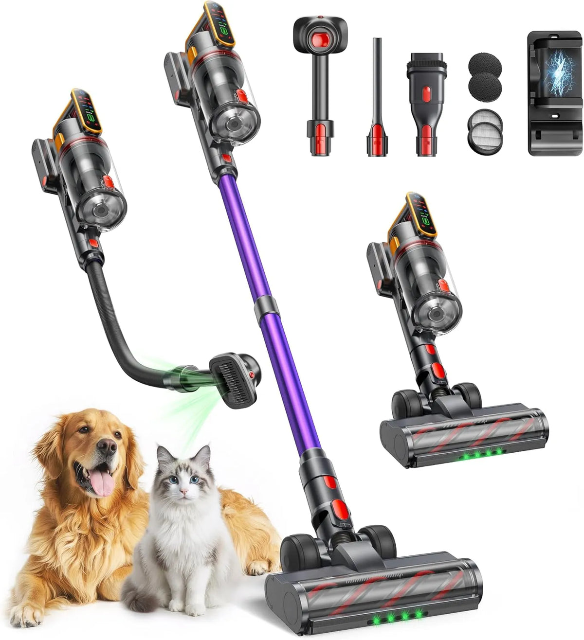 Aspirateur balai 50kPa/600W 65Min Fieety, puissance 600W sans Fil, avec Brosse pour Animaux Tuyau Recharge Murale Mode Automatique Parfumé pour Poils