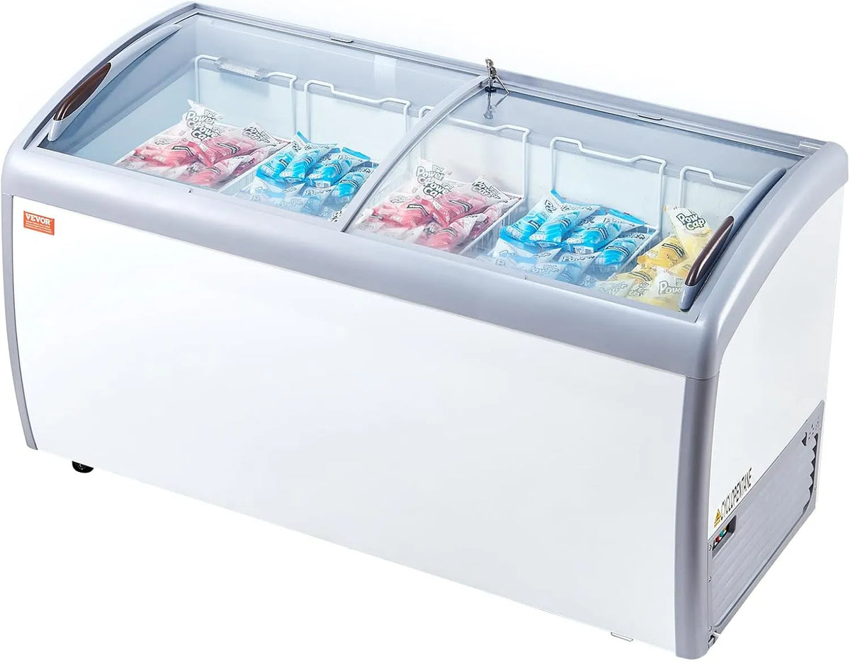 Vevor congélateur, Comptoir à Glace 460 L, Mobile avec Dessus en Verre, 5 Paniers Métalliques, 2 Portes Coulissantes en Verre