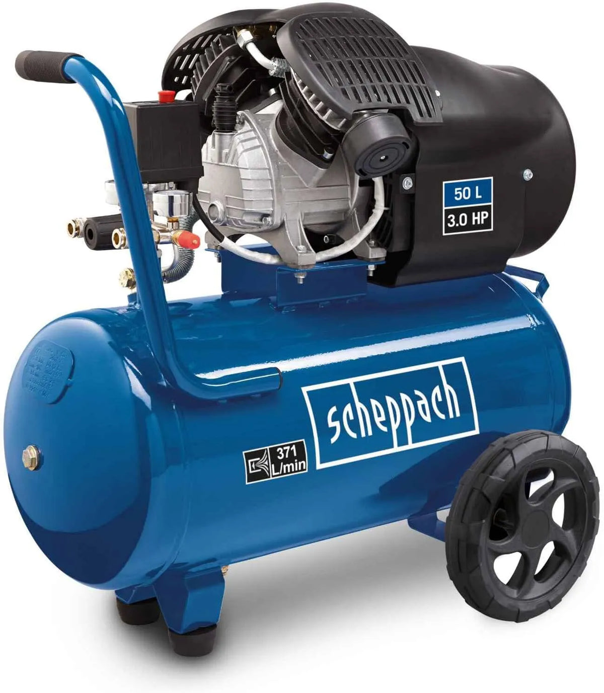 Scheppach compresseur HC53DC, capacité 50 L, 10 bar, puissance d'aspiration 412 L/min, 2200 watts, lubrification à l'huile, vérin double