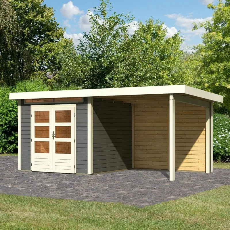 Abri de jardin, Karibu Kandern 3, Bois Massif finition grise Terre 5,95m² avec Appentis 235x254cm, Double Porte Vitrée, Lucarne, Serrure, Toit Plat