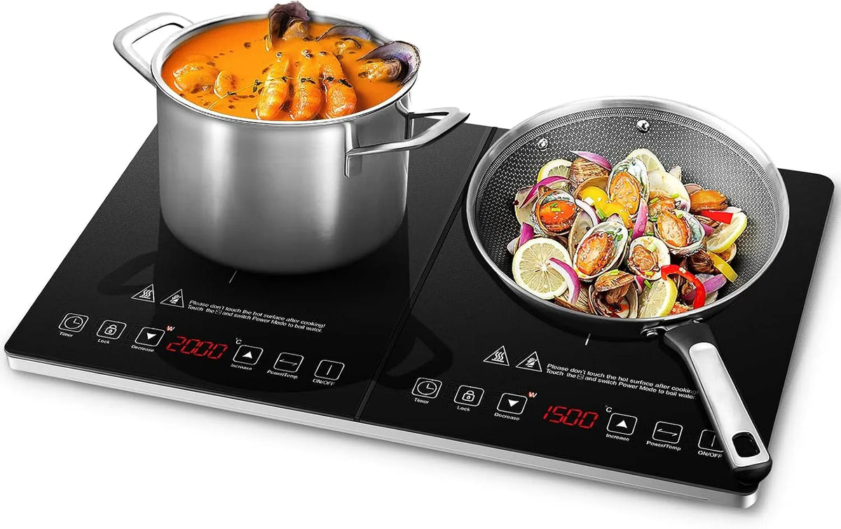 Plaque de cuisson AMZCHEF, 20 Niveaux de Température, Induction 2 Feux, puissance 3500 W, Tables de Cuisson à Induction avec Contrôle Indépendant