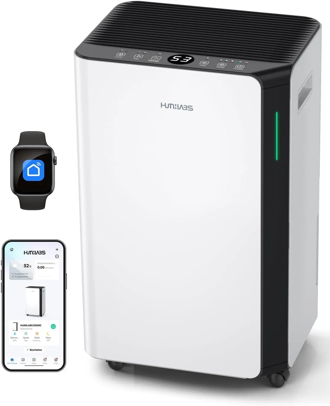 Déshumidificateur 60m²/App 24h HUMILABS, 3 modes de fonctionnement, App 5L, App & WLAN, minuterie, électrique 20L pour pièces de 60m², modèle 60m²