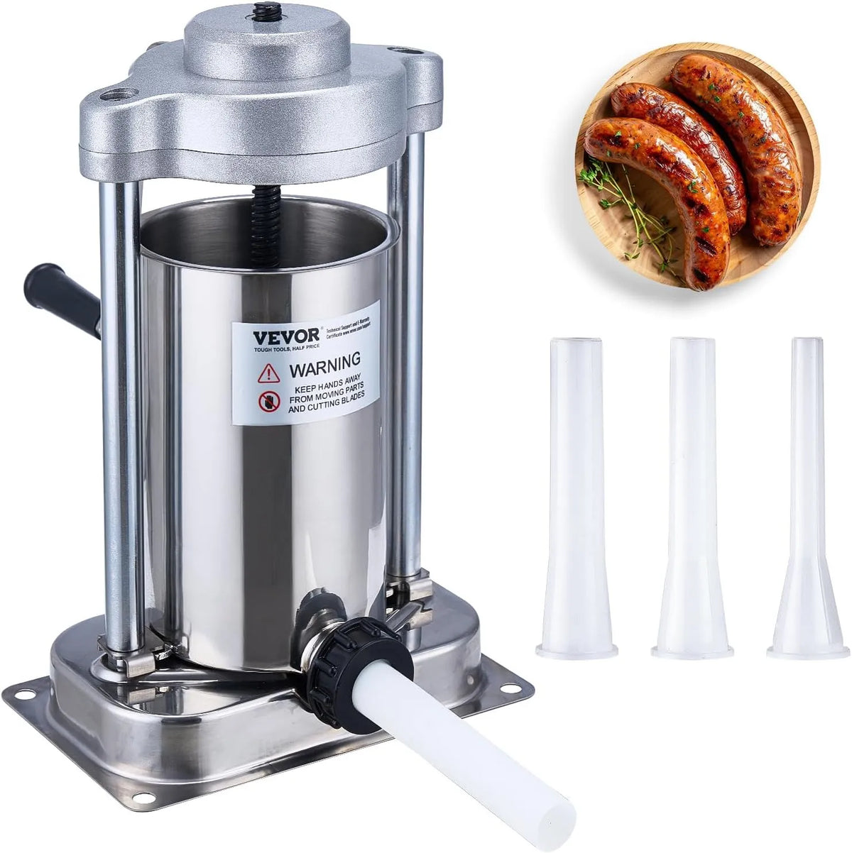 Vevor Poussoir à Saucisses Manuel 2 L, Ensacheuse Saucisse en Acier Inoxydable 304 Alimentaire, 3 Tubes de Remplissage, pour Cuisine Restaurant