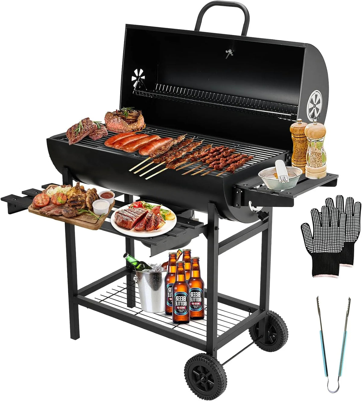 Barbecue TEENO Chariot à, de Bois, Grill XXL à Charbon avec Couvercle, Thermomètre, Tiroir à Cendres, Gants anti-brûlures, Évent Réglable, Basic