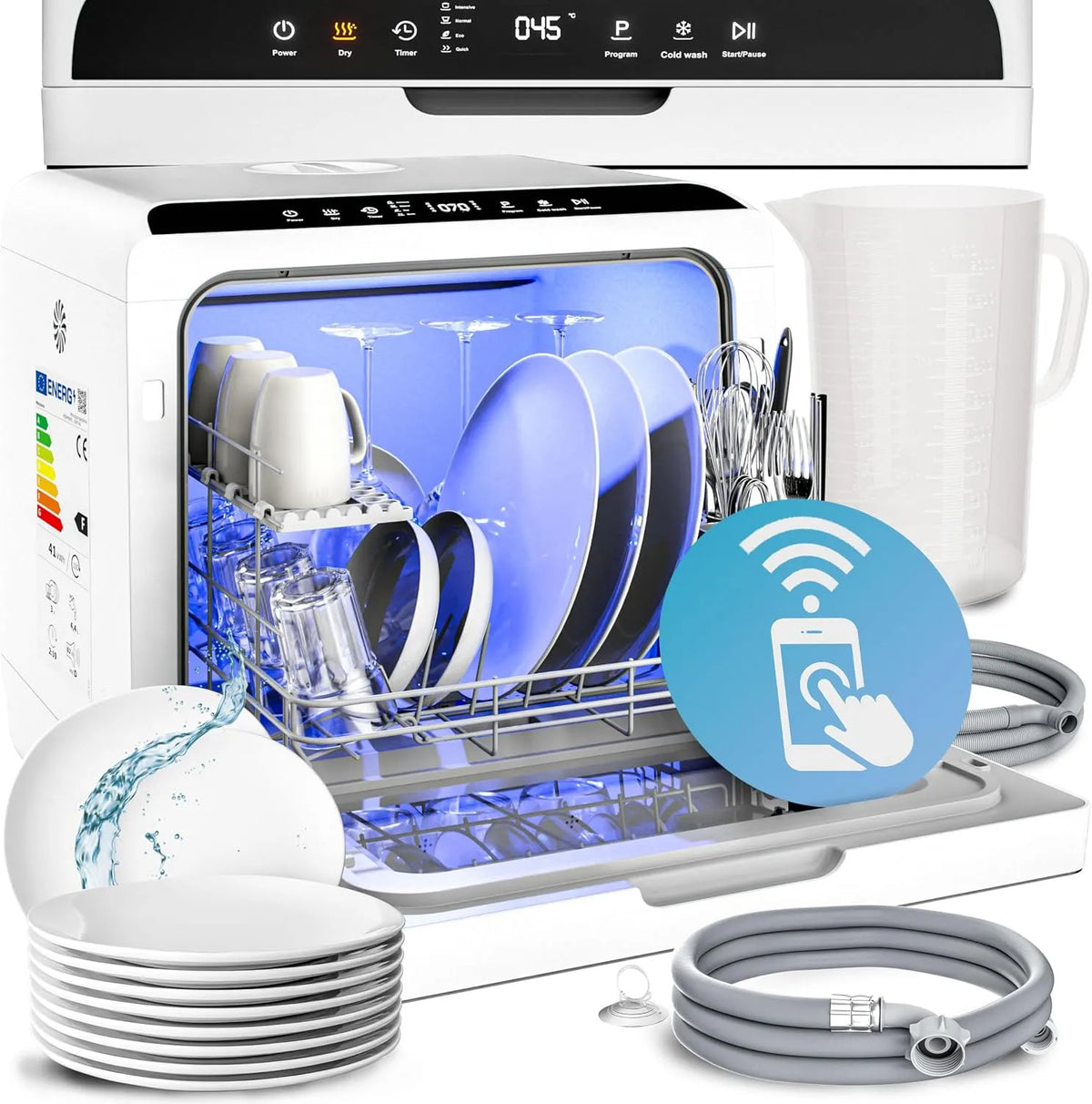 Lave-vaisselle MONZANA Mini, WIFI étudiants couples, finition noire-finition blanche Réservoir d'eau 4,5L lave vaisselle de table 3 couverts App