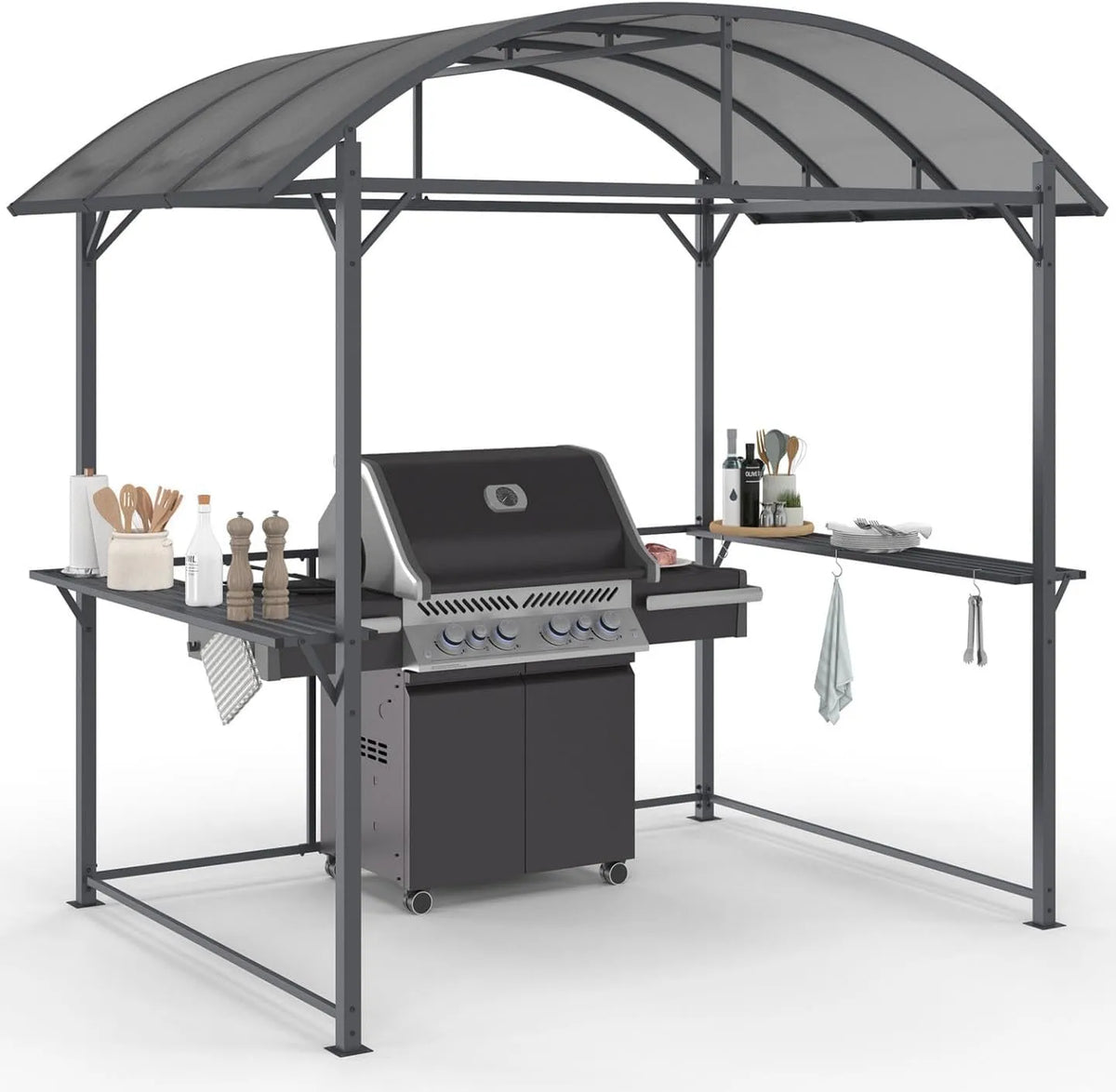 Barbecue, Abri pour 240 x 150 x 220 cm avec étagères, IDMarket, en métal finition grise et Toit en Polycarbonate