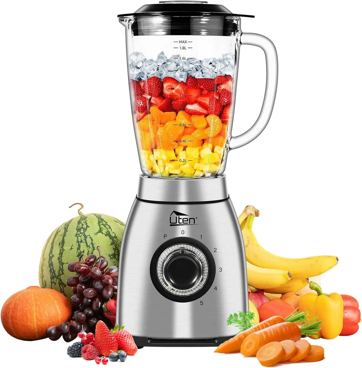 Blender Uten, à Smoothie 2 L, Mixeur de Cuisine 1800 W, Impulsion et 5 niveaux de vitesse, Lame à 6, pour Milkshakes