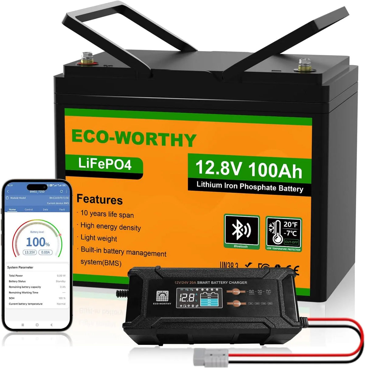 Lithium 100AH Bluetooth avec Chargeur 12 LiFePO4 ECO-WORTHY Batterie, 20 A modèle, Batterie Protection BMS Basse température pour Camping-Car, Bateau