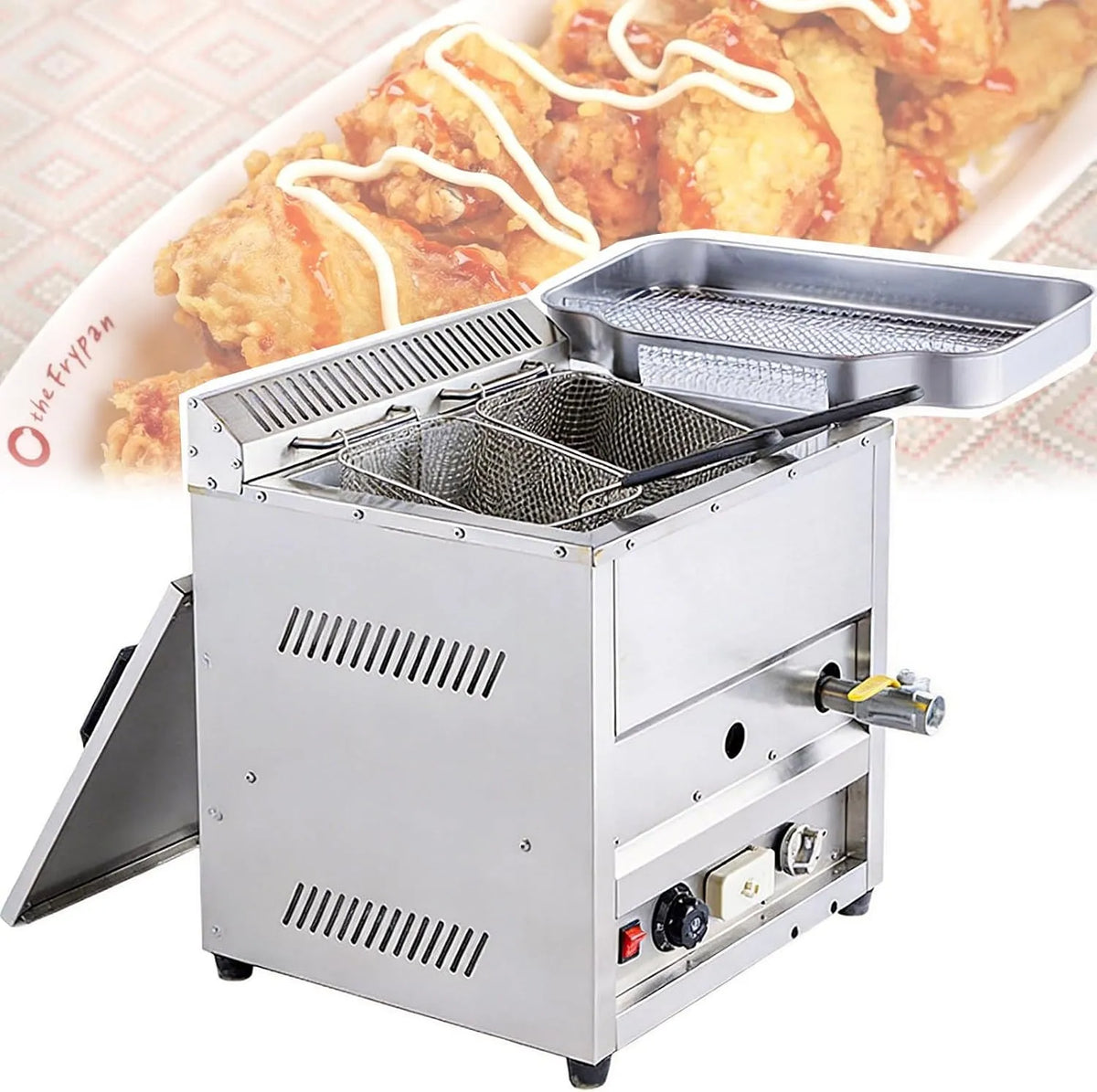Professionnelle 23 litres Friteuse Gaz, 2 Paniers, Contrôle de Température 50–300°C, avec Bac de Récupération d'Huile