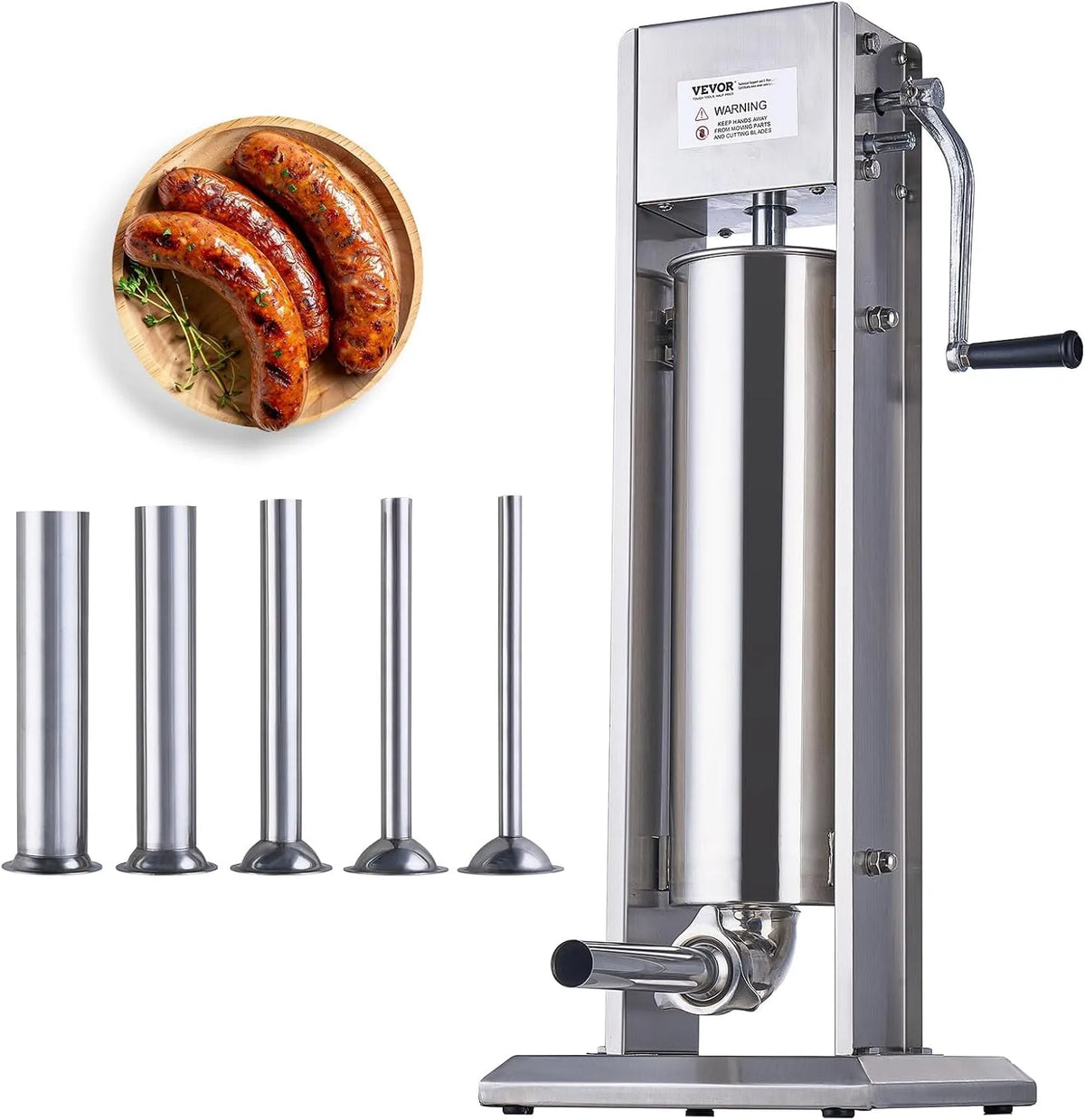 Vevor Poussoir à Saucisses Manuel 7 L, Ensacheuse Saucisse en Acier Inoxydable 304 Alimentaire, 5 Tubes de Remplissage