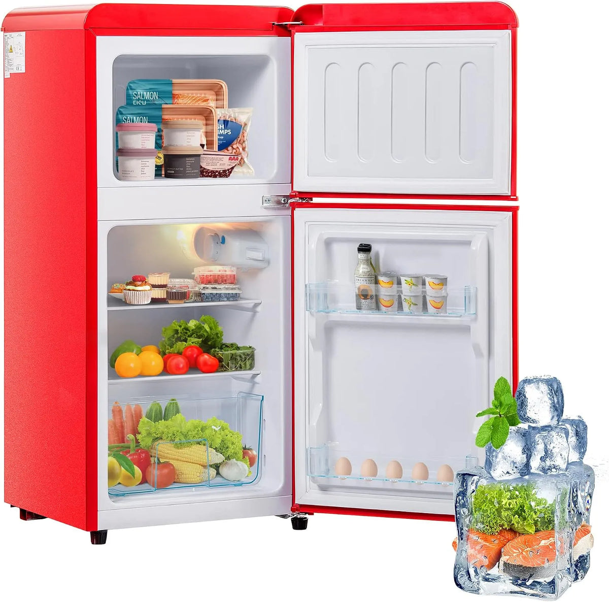 Réfrigérateur Merax, capacité 22 Litres de Volume de Congélation, 27°C à ~13°C, Lumière LED, 163 kWh, An, Rouge