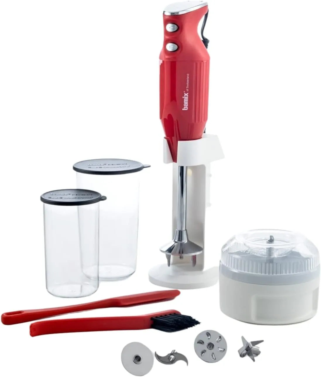 Mixeur M350 bamix Set, 2 récipients, plongeant MAXX avec support, Spatule, Fabriqué en Suisse, Rouge, puissance 300 W, 4 accessoires, Processeur