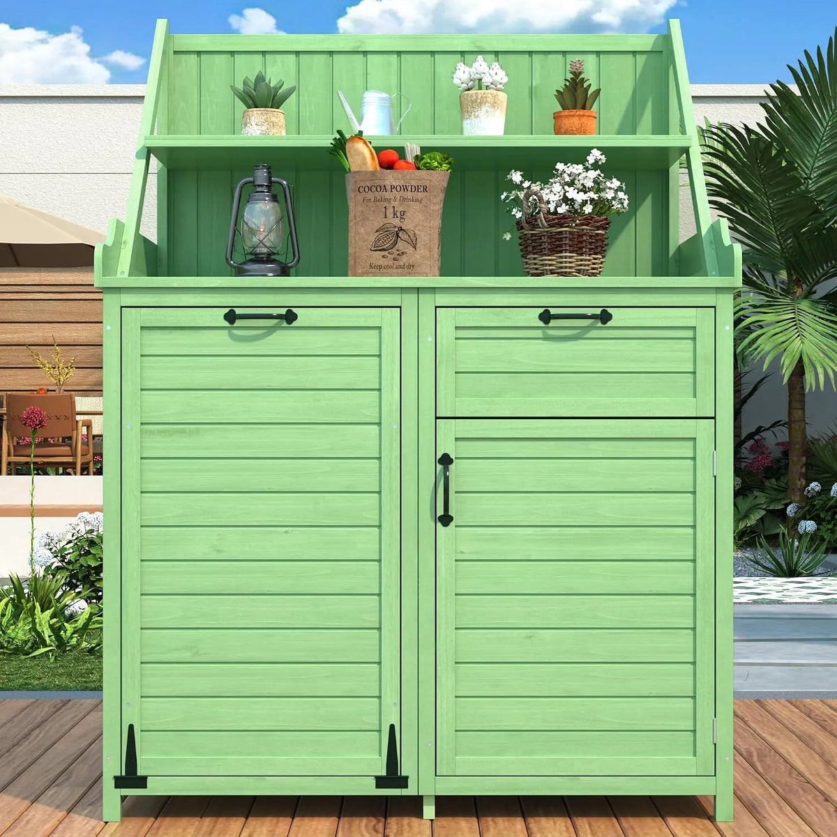 Armoire de jardin, Armoire d'extérieur, Armoire de terrasse, Armoire de balcon, Meuble de jardin, en bois avec étagères, Abri de jardin, Vert