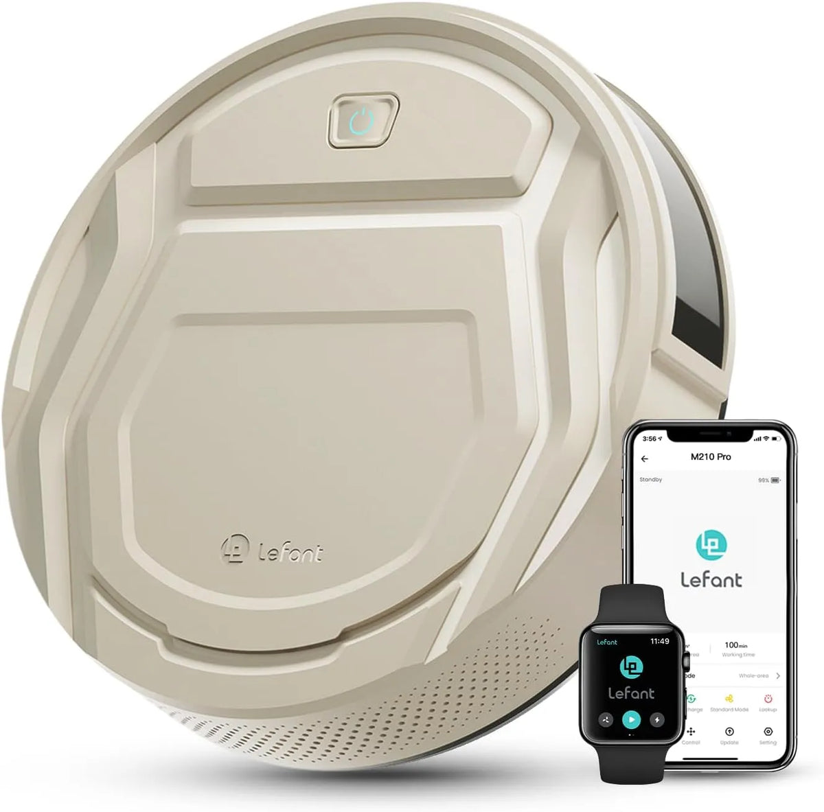 Aspirateur robot 120min M210P Lefant, Silencieux 55dB, Bluetooth, App, Auto-Charge, Champagne, Mince 2200Pa, Connecté avec WiFi, Alexa