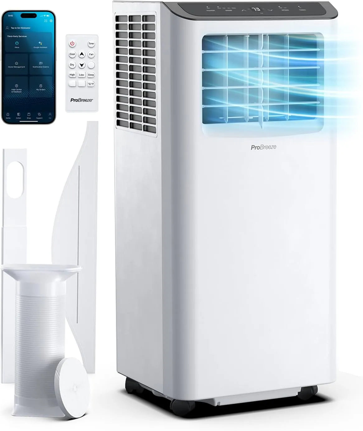 Climatiseur Pro Breeze, Clim Puissante compatible WiFi avec Application- Minuterie 24 heures, Télécommande et Kit Fenêtre inclus pour Chambre