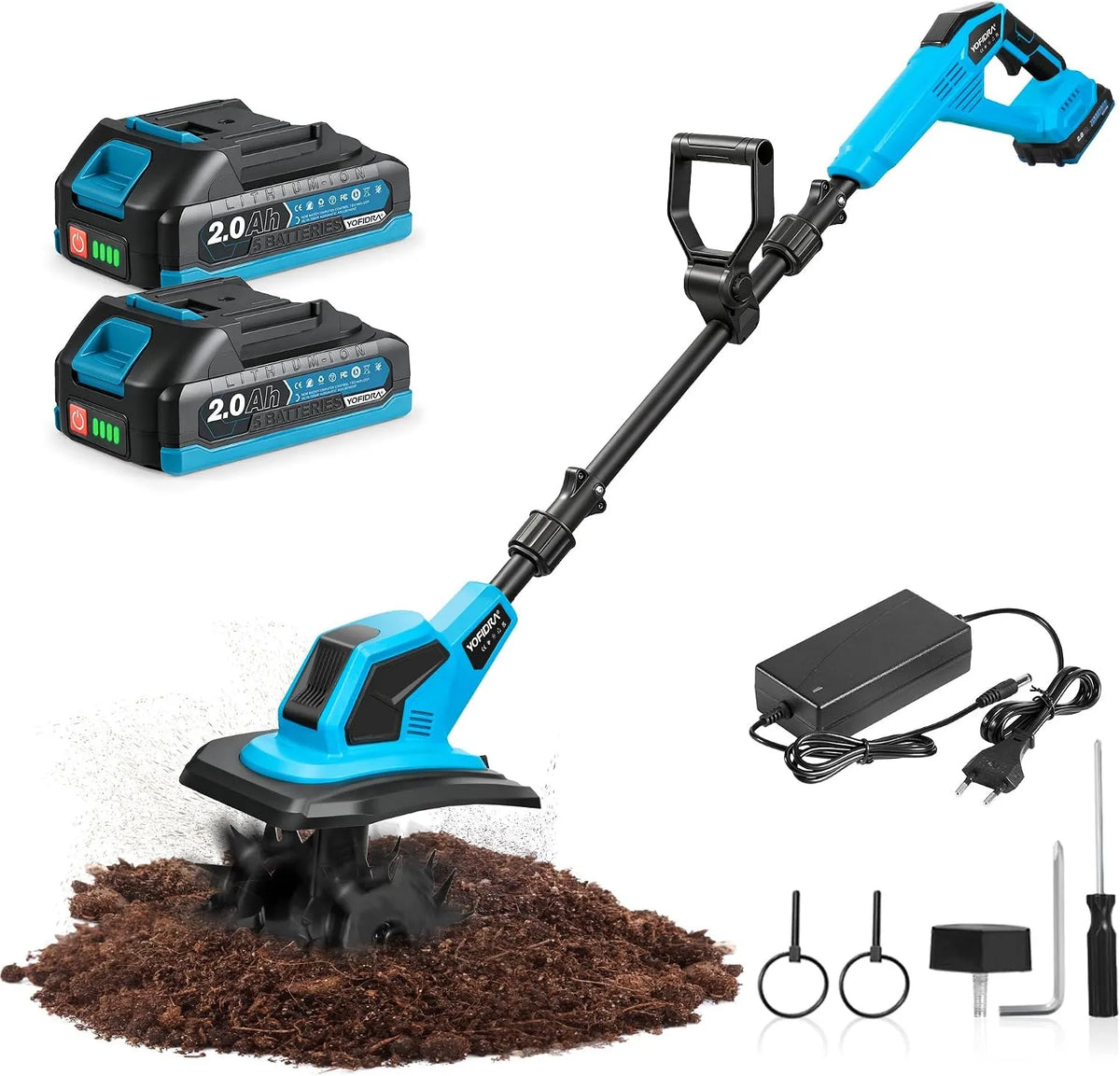 Motobineuse 2x2.0Ah Yofidra, puissance 600W Motoculteur avec 23cm de Largeur de Travail, 17cm de Profondeur, 4x12 Dents pour Travail du Sol, Batteries