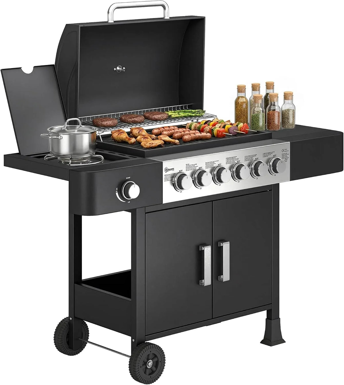 Outsunny barbecue à gaz, chariot portable monté sur roues, thermomètre intégré, placard, finition noire, 6+1 brûleurs, grille de maintien au chaud