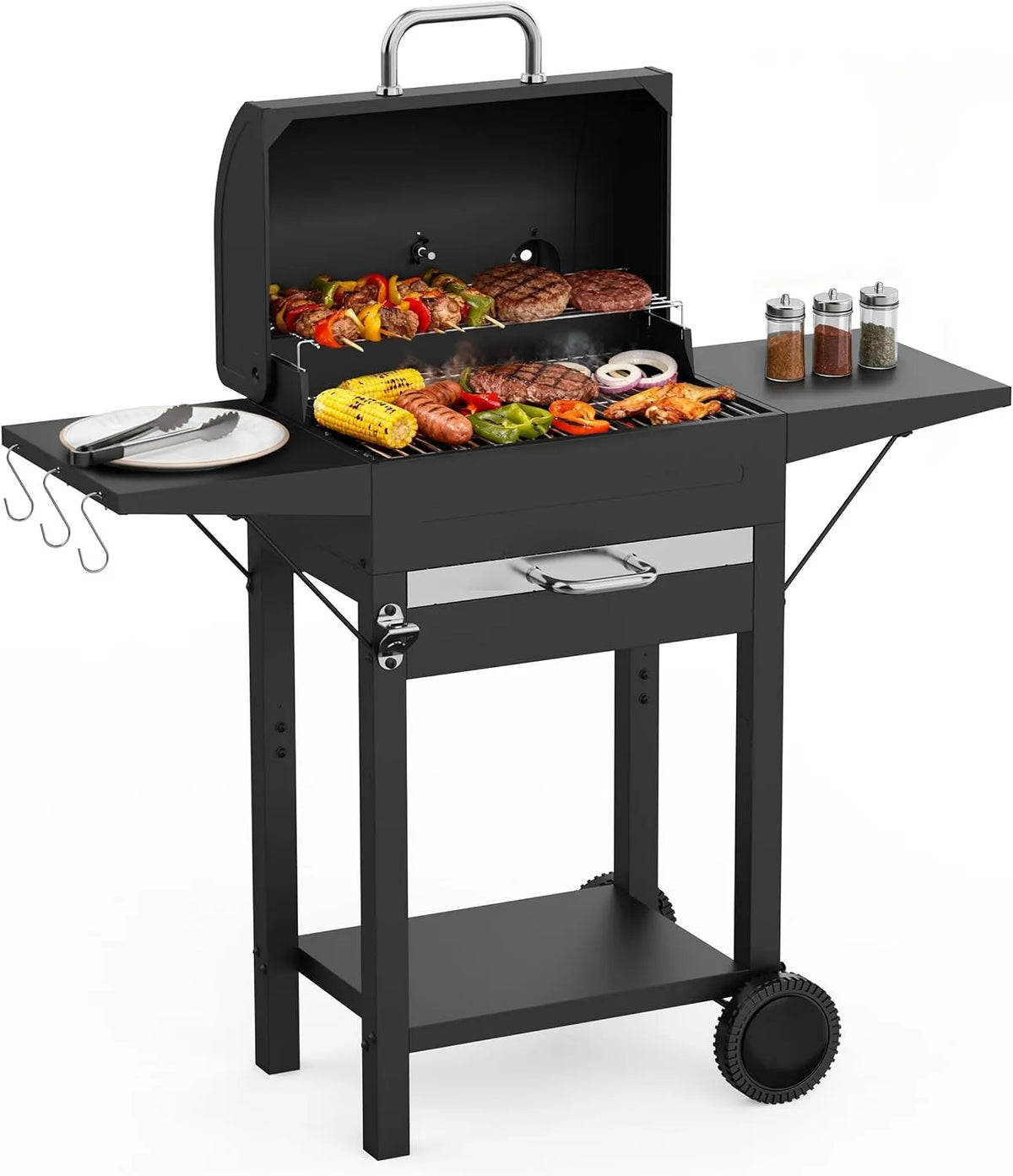 Barbecue, 2 Tables Latérales et Thermomètre, BBQ Fumoir Portable monté sur roues pour Jardin, Charbon de Bois XXL avec Couvercle