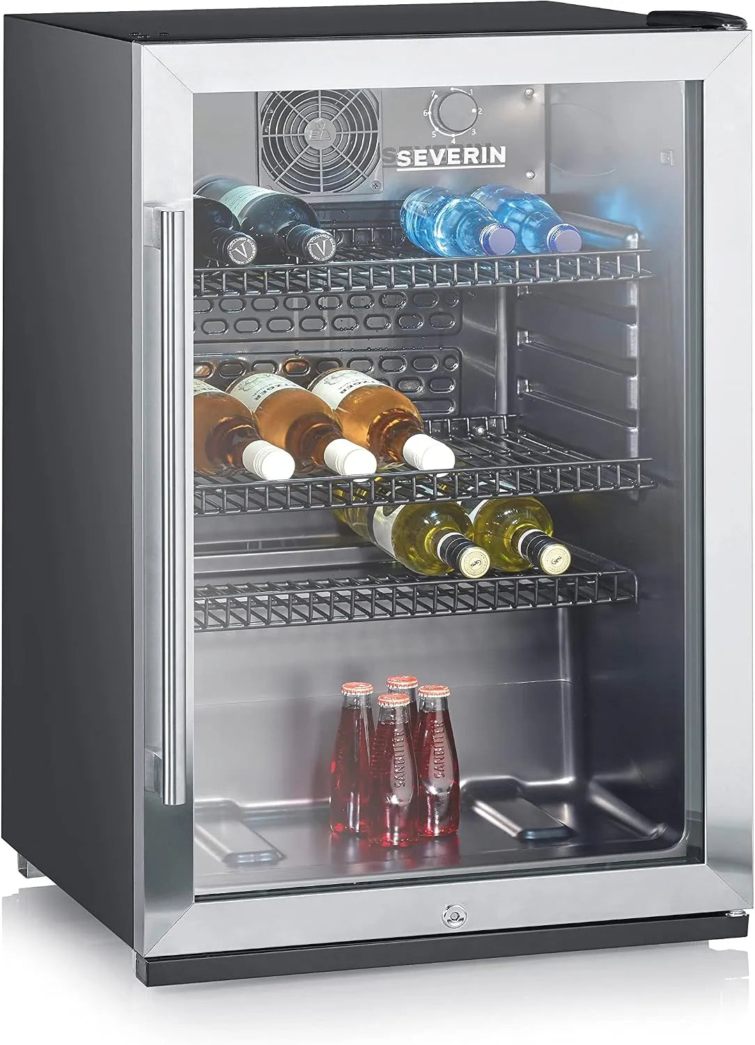 Severin réfrigérateur FKS 8840, Longueur 55cm, capacité 118L, contient jusqu'à 56 bouteilles de 33 cl, à boissons compact, Mini bar, Pose libre, Inox