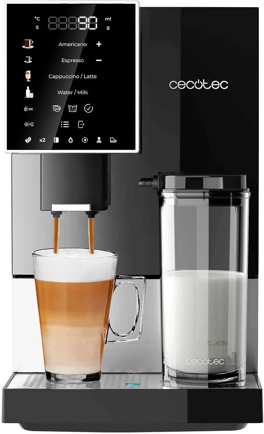 Cecotec modèle Silver.19 150gr, Thermoblock, Réservoir de café de avec moulin,1,1 L d'eau,400ml de lait