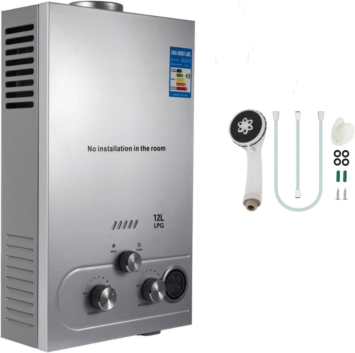 Chauffe-eau électrique, capacité 12L, à Gaz Instantané 12L LPG Butane Propane à Gaz Maison Camping Car 24KW 12L, 12L/min