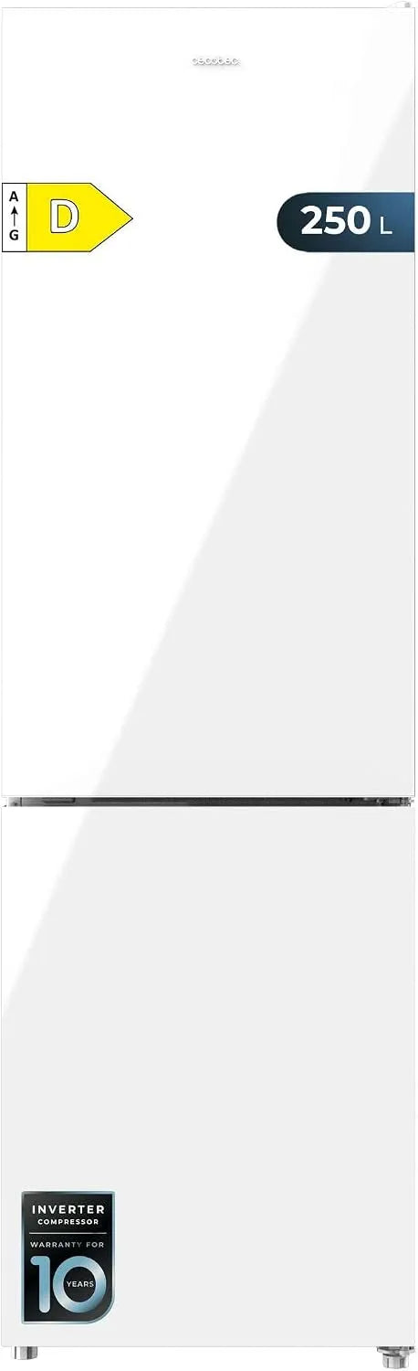 Cecotec réfrigérateur, Inverter Plus, combiné Bolero CoolMarket Combi 250 White Glass D. verre finition blanche, capacité 250L, classe énergétique D