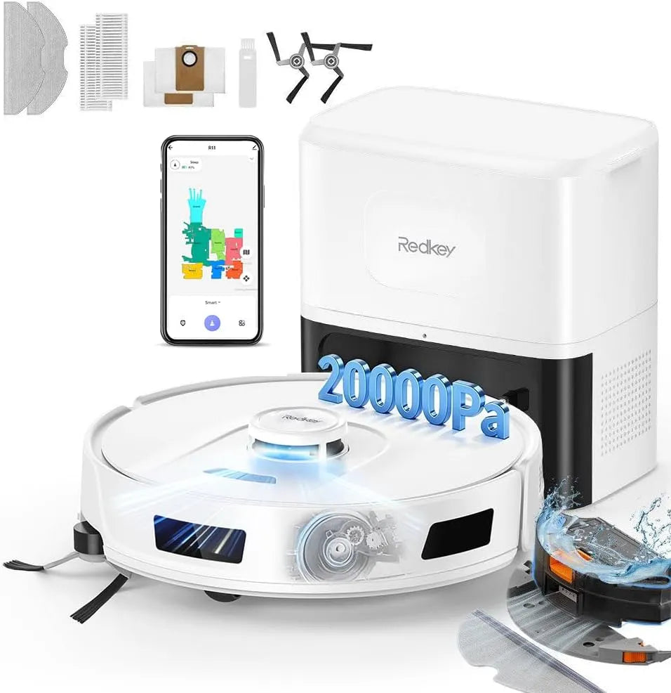 Aspirateur robot, Redkey R11 Laveur, 20.000Pa Ultra Puissante Aspiration, Anti-Enchevêtrement Cheveux, Navigation LiDAR, Contrôle App