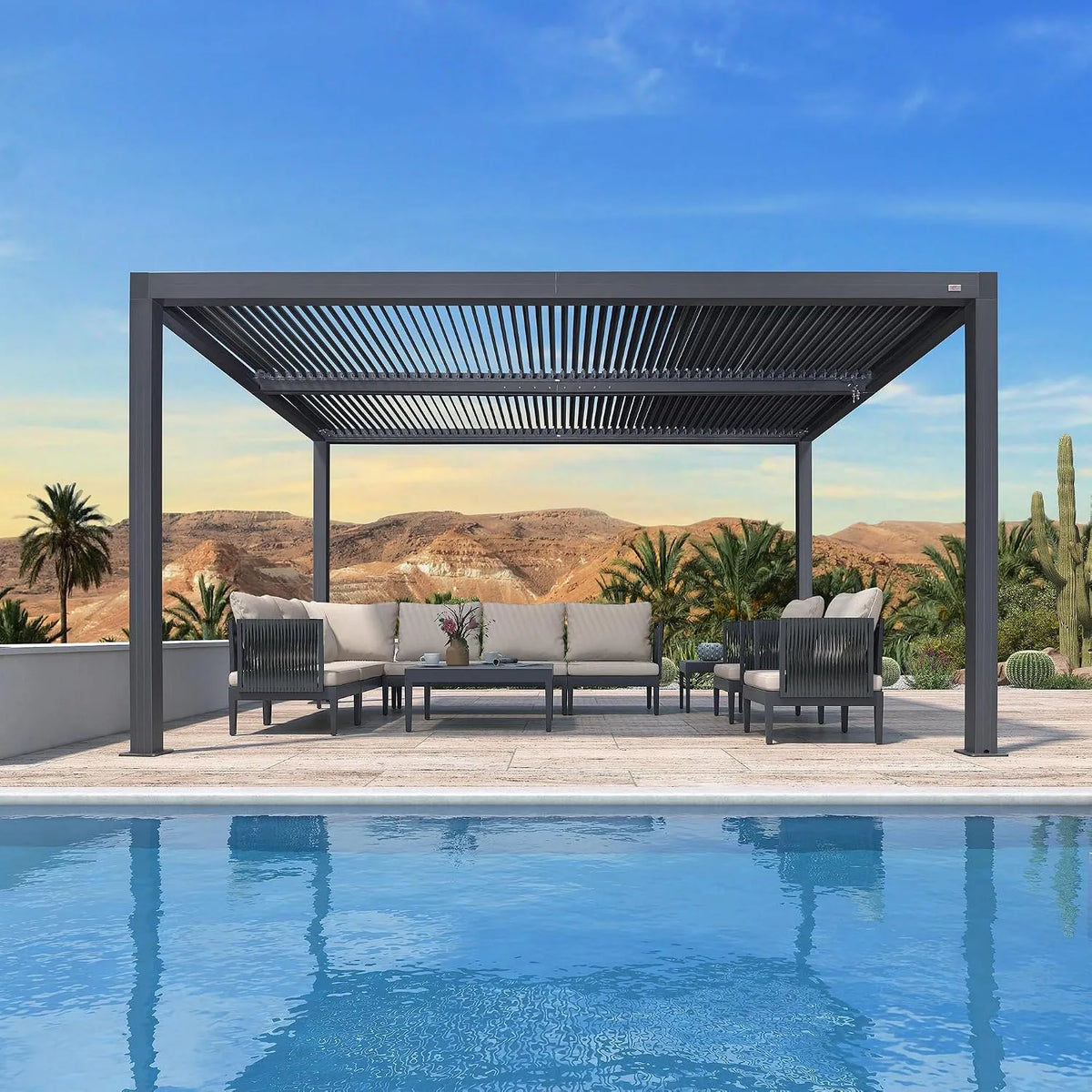 PURPLE LEAF, finition grise, Pergola Bioclimatique 4,24 x 3 m Pergola Aluminium Lames Orientables Superficie 12,72