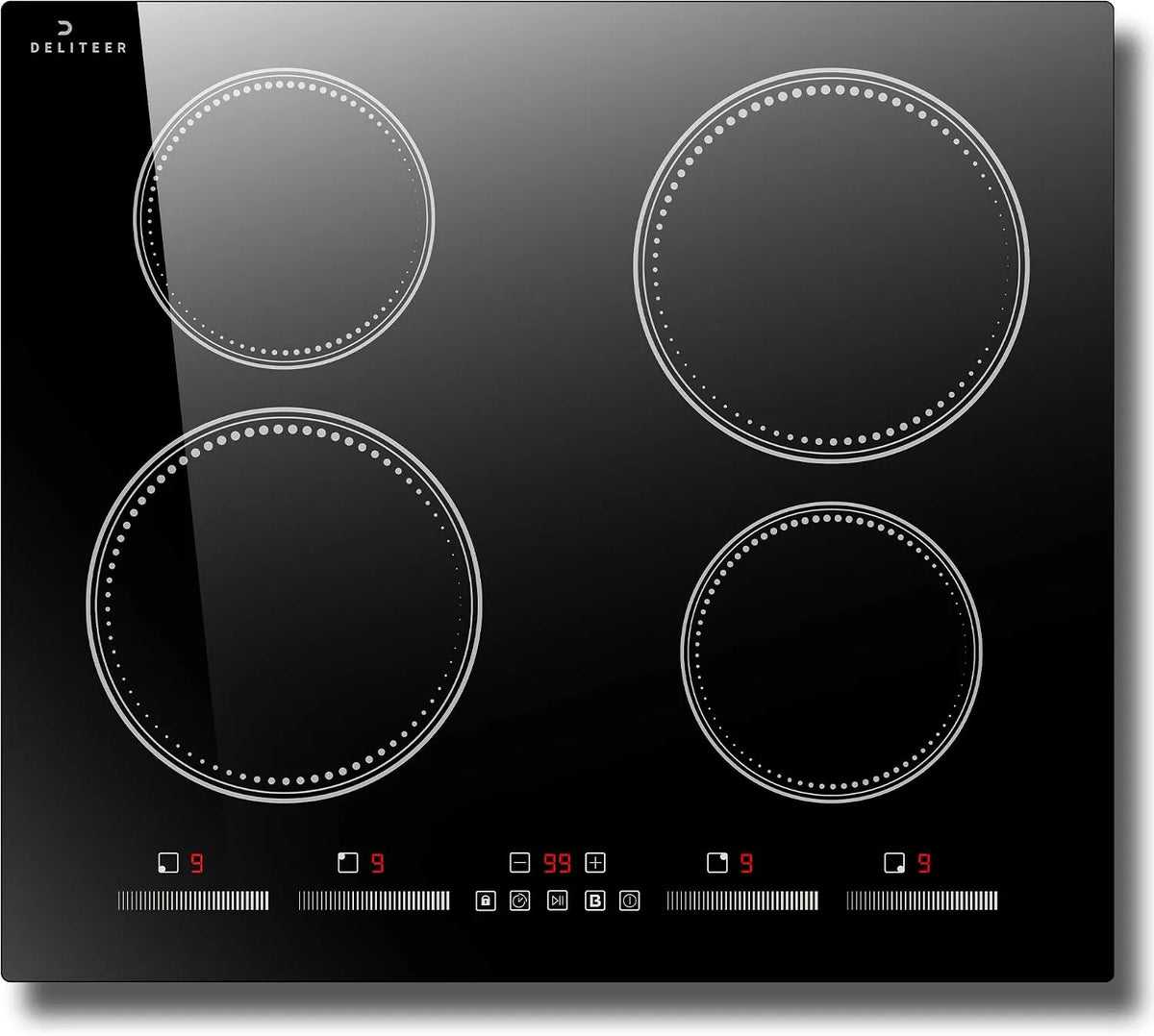 Plaque à induction, Commande Tactile Individuelle, Boost, Minuterie, finition noire, 4 Feux, tension 230V, Verrouillage de Sécurité, Pause