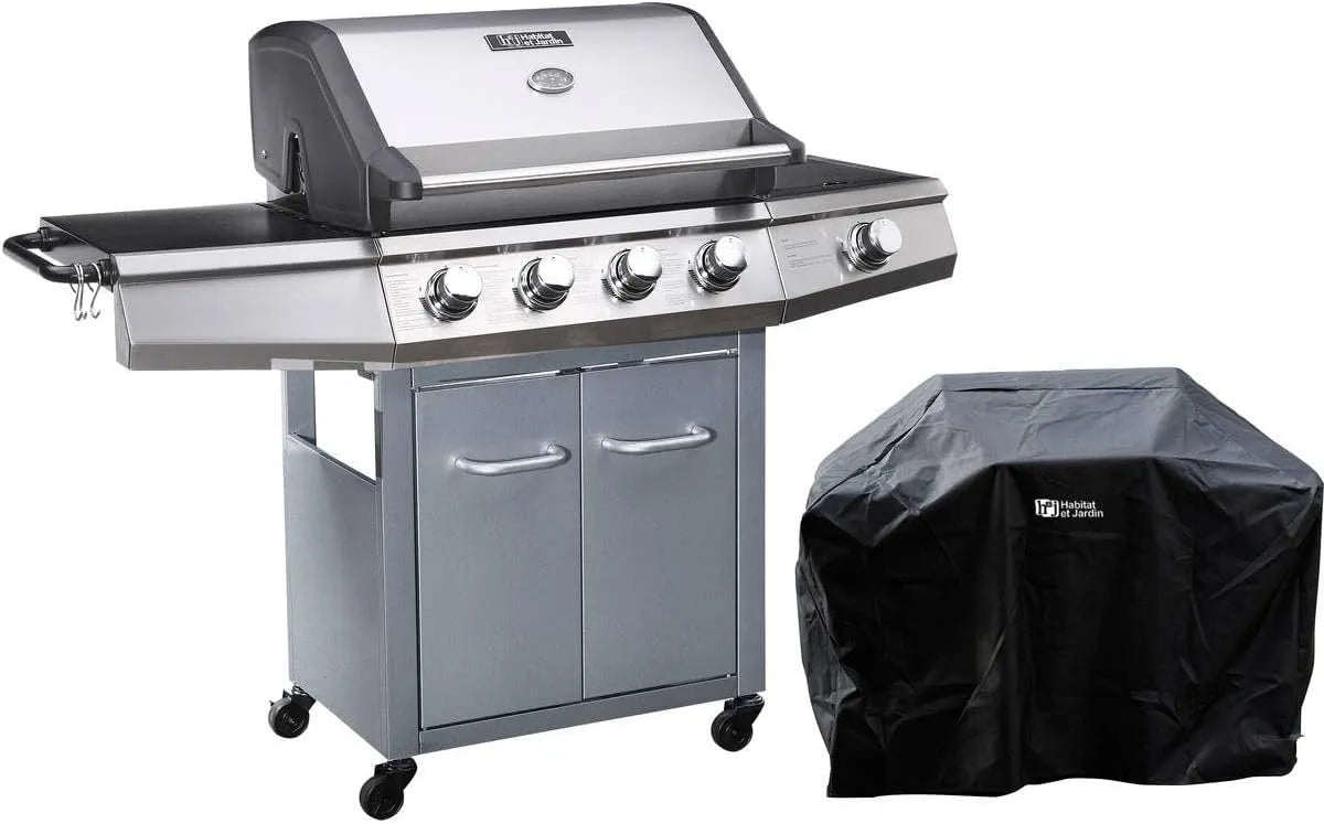 Barbecue à gaz Habitat et Jardin, finition argentéeé 1351_93469, avec LED Bingo 5, 5 Brûleurs Dont 1 Latéral, puissance 15.2 kW