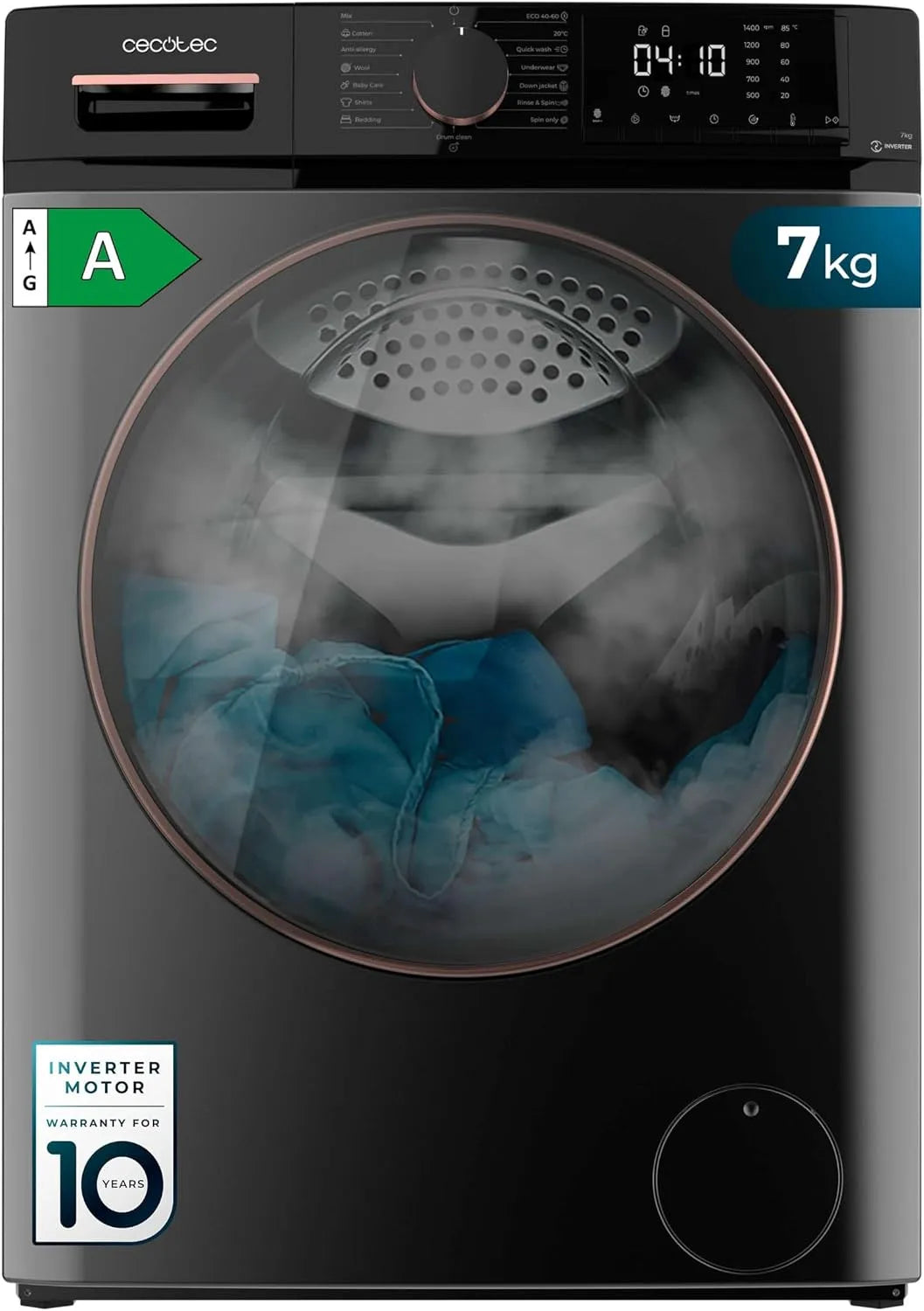 Cecotec Lave Linge Frontal Bolero Dresscode Inverter Steel A 7610, capacité de 7 Kg, 15 Programmes, Moteur Inverter Plus, 1400 tr/min